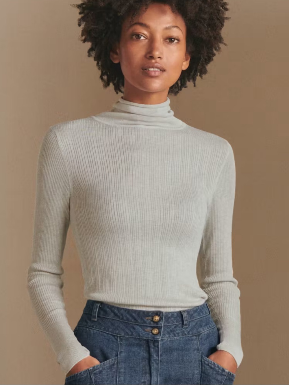 Silk & Cashmere Blend Ribbed Sweater Ecru Grey Classic Comfort Luxurious